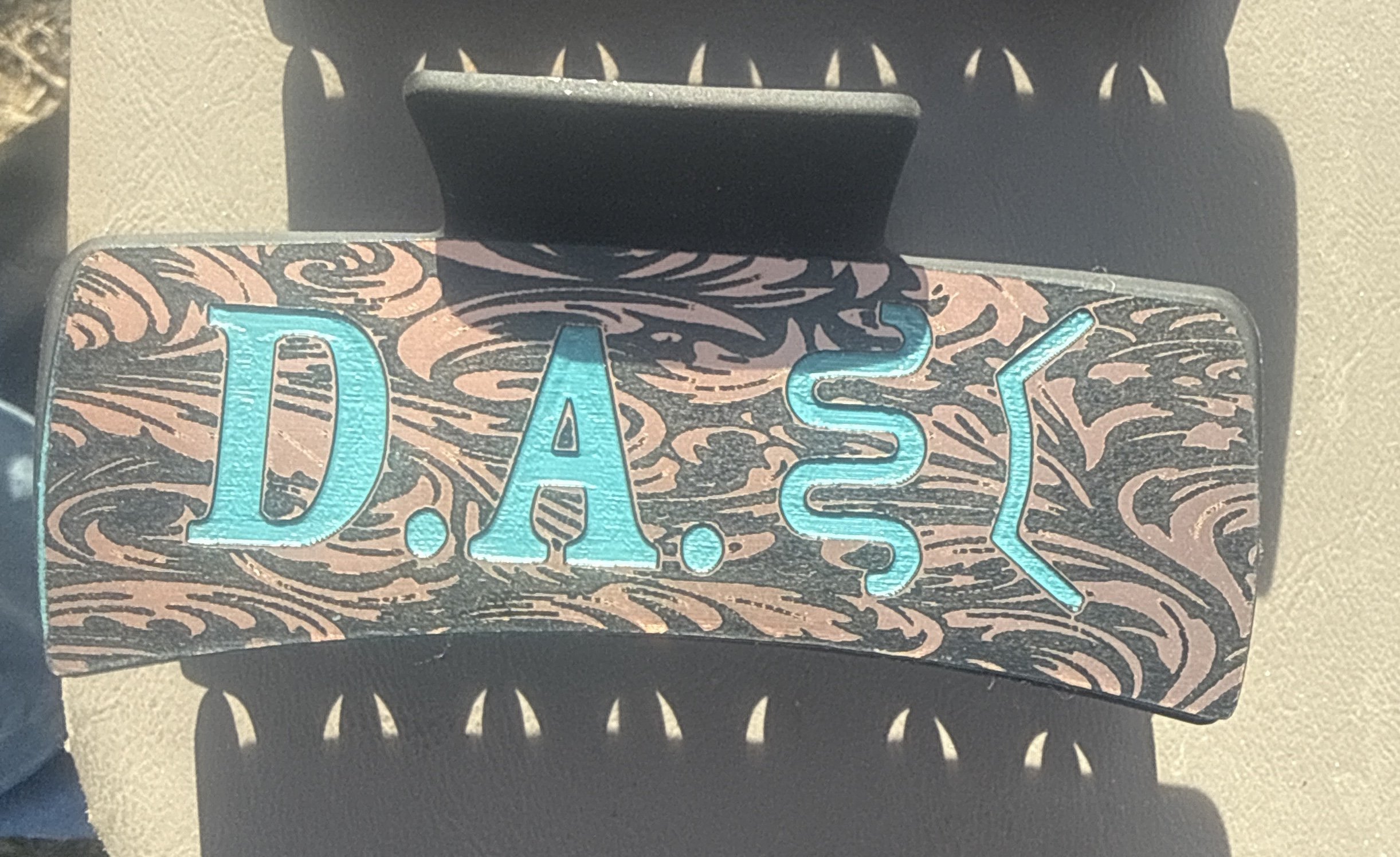 Custom Tooled Leather Claw Clip with DAM Branding