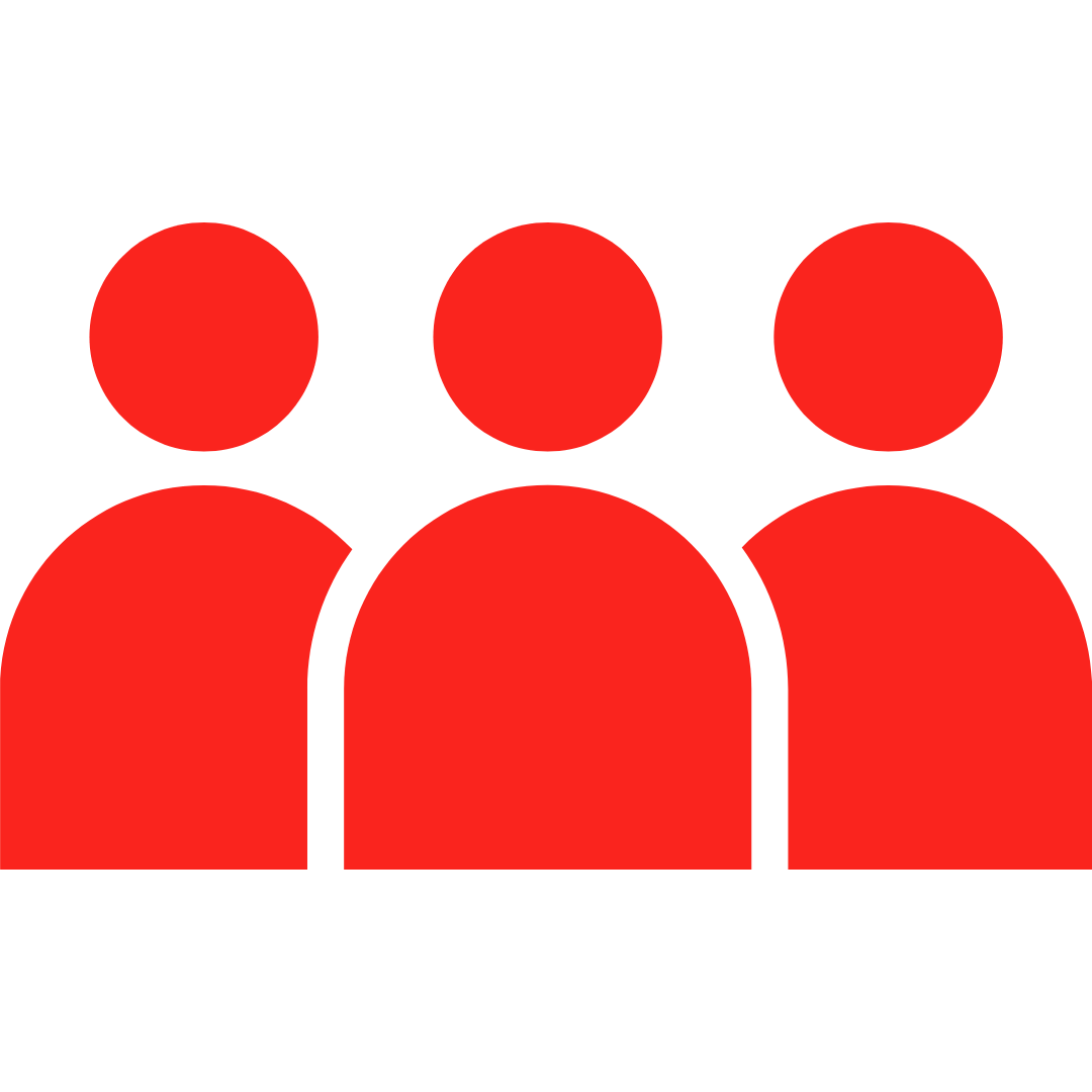 Icon of three stylized red human figures standing side by side, representing a group of people or community.