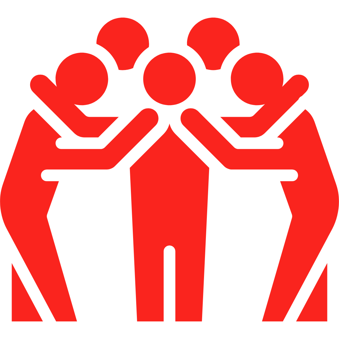 Red and black icon of four people with their arms around each other's shoulders in a circle.