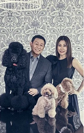 Two people smiling, a man and a woman, standing behind three poodles in front of a decorative wallpapered wall.