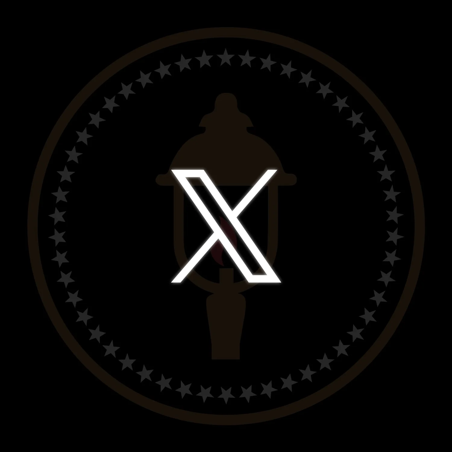 A black circular emblem featuring a lantern in the center with a diagonal line crossing it out, surrounded by a ring of 50 stars.