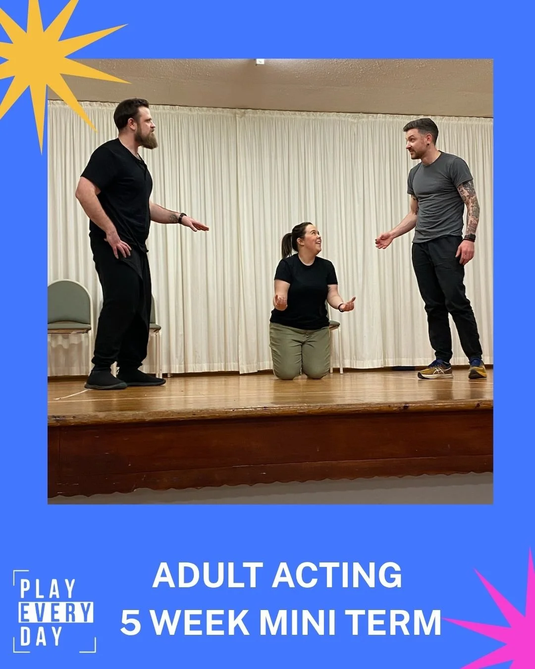 ChatGPT said:
π Ready to give acting a go?
Our Mini-Term is the perfect taster for adults who’ve always wanted to try acting — or just want to play, explore, and have fun!
Over 5 weeks, we’ll dive into:
β¨ Improvisation
π¬ Script