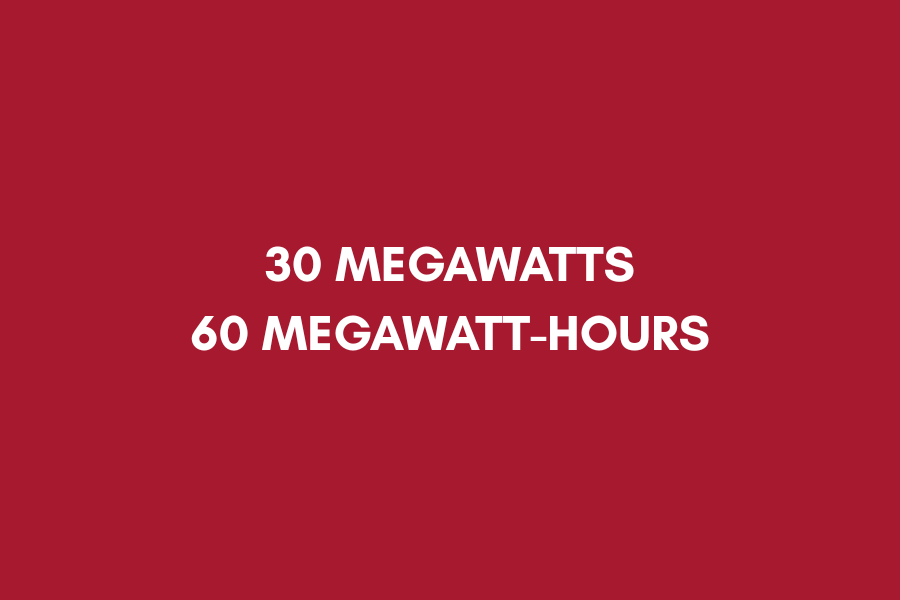 Red background with white text that reads '30 Megawatts, 60 Megawatt-hours'.