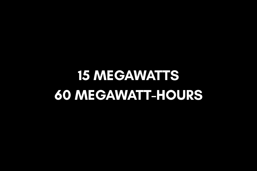 Text on a dark background reading: '15 Megawatts, 60 Megawatt-hours'.