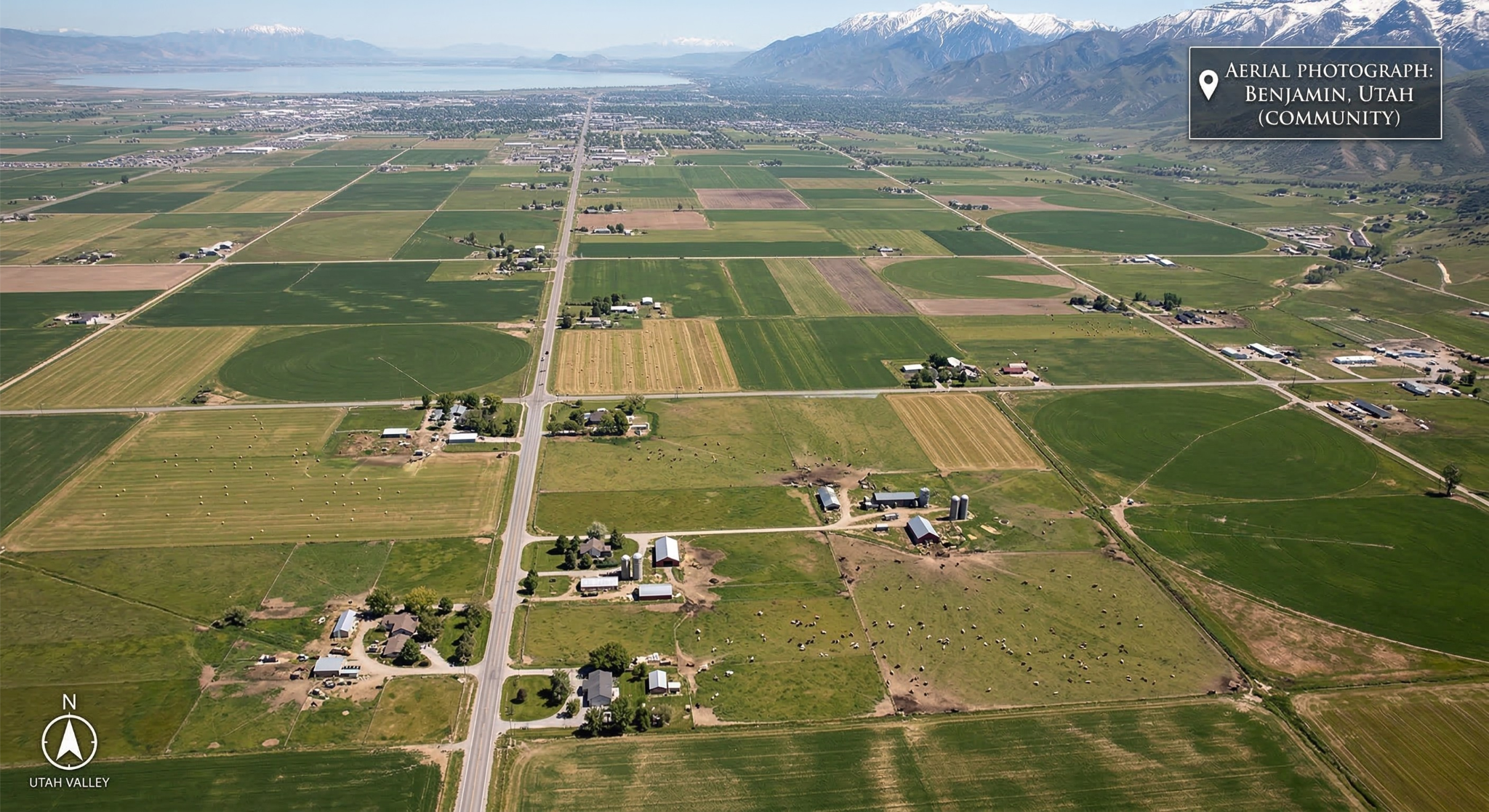 Aerial view of Benjamin Utah rural homes, acreage, and agricultural land
