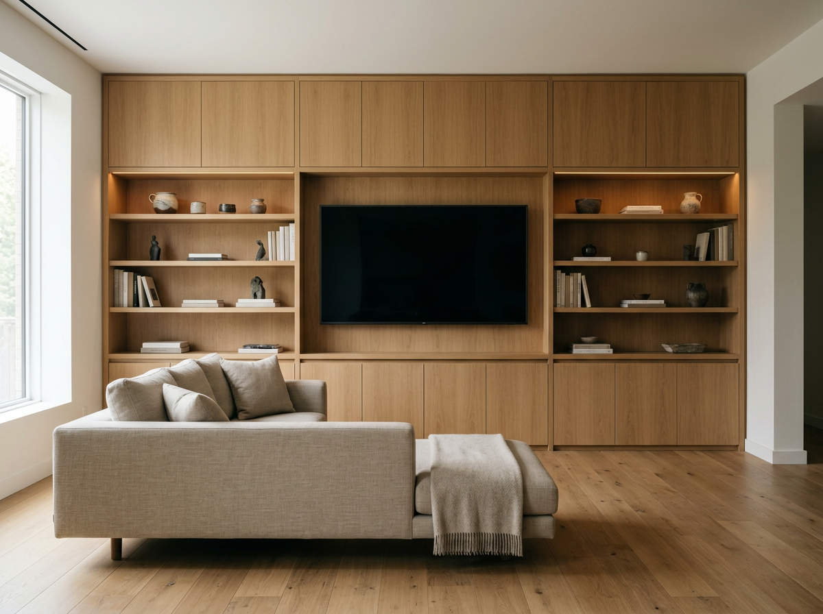 Full-height oak media wall running wall to wall, with a centred television, open shelving and concealed lighting
