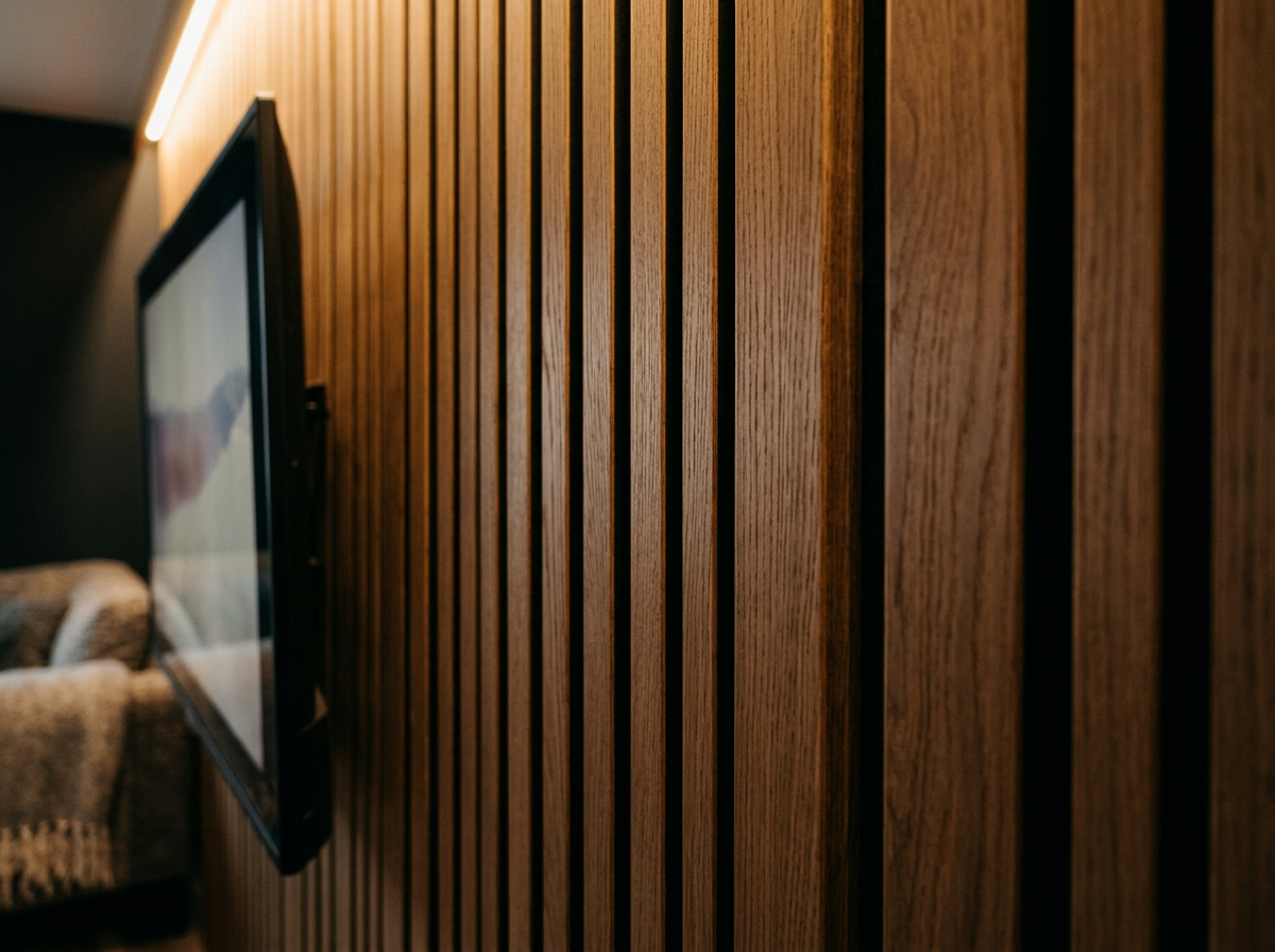 Oak wood slat media wall detail with concealed LED lighting and a wall-mounted television