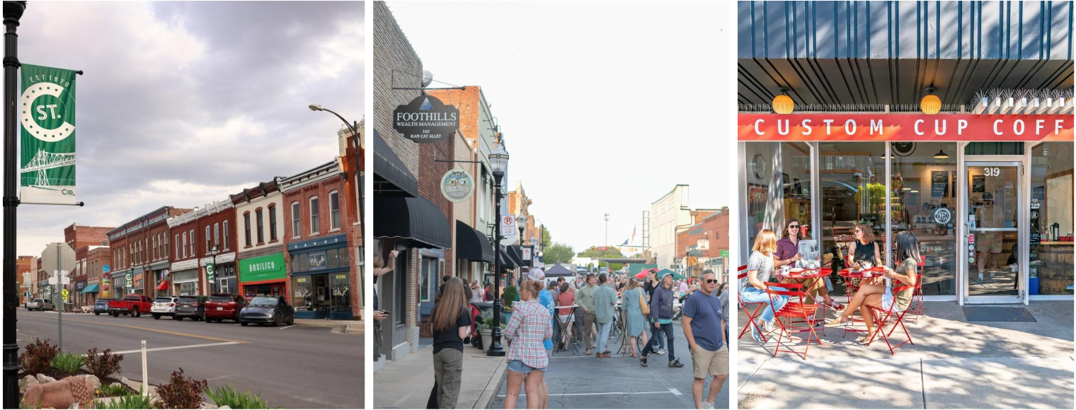 Relaxed downtown Springfield Missouri street with local businesses and pedestrians