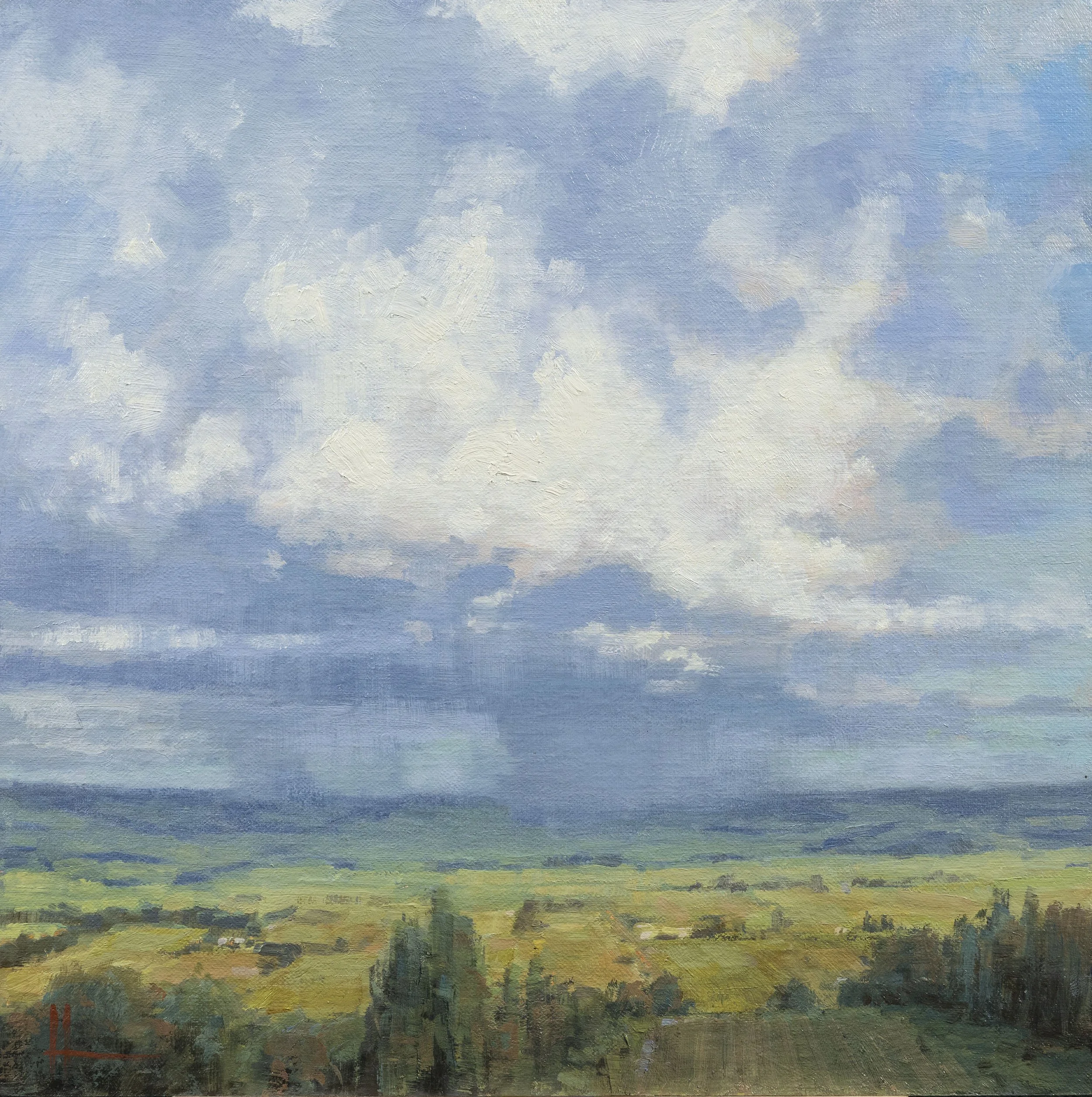 Rain over Wiseleigh . 12in x 12in (30.5cm x 30.5cm) oil on linen