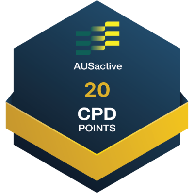 A graphic with the AUactive logo, indicating 20 CPD points, set on a dark blue hexagon background with a yellow band.