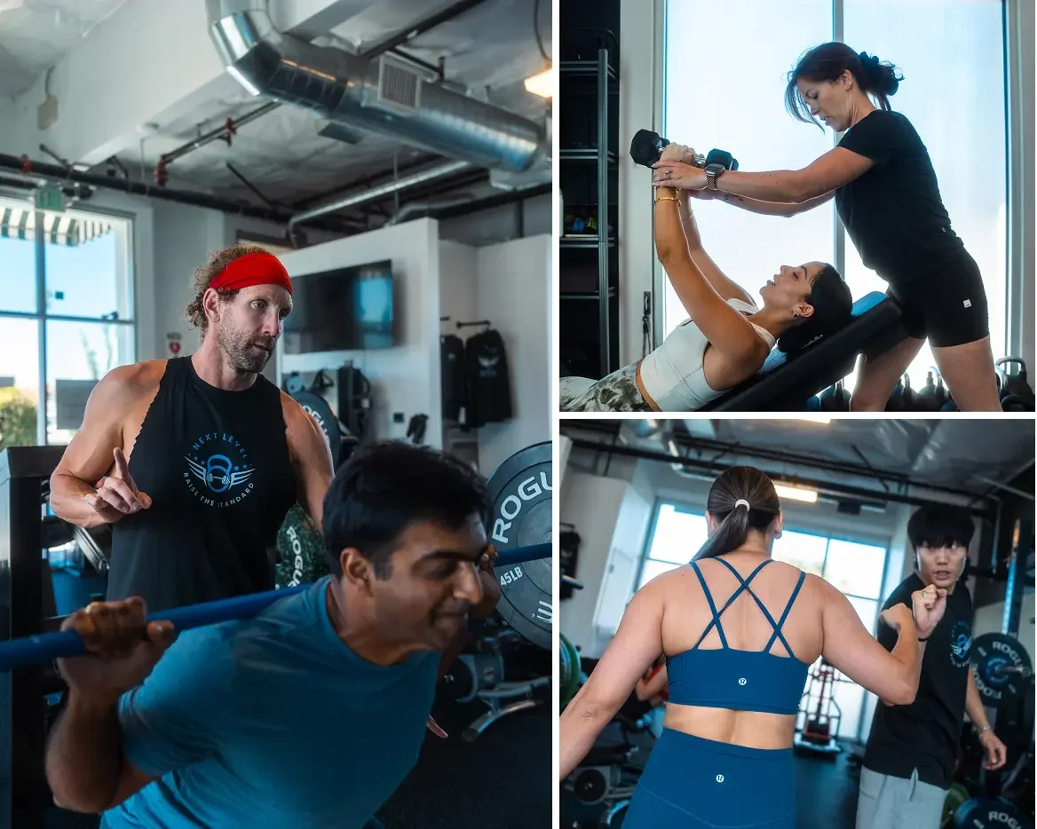 Collage of certified coaches cueing form and guiding members through small-group strength training classes in San Jose