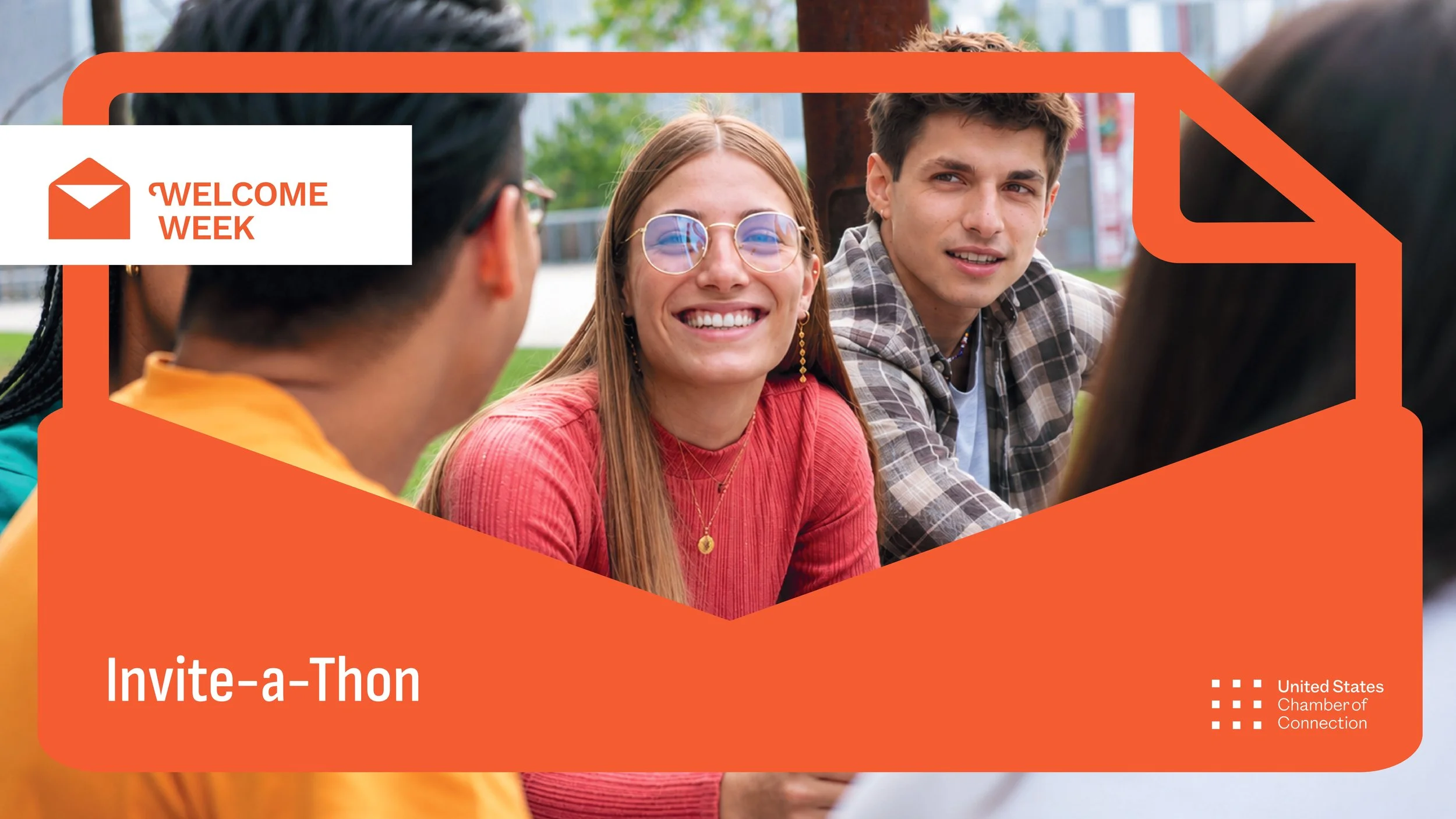 People sitting outdoors at a table, smiling, with a graphic overlay saying "Invite-a-Thon."