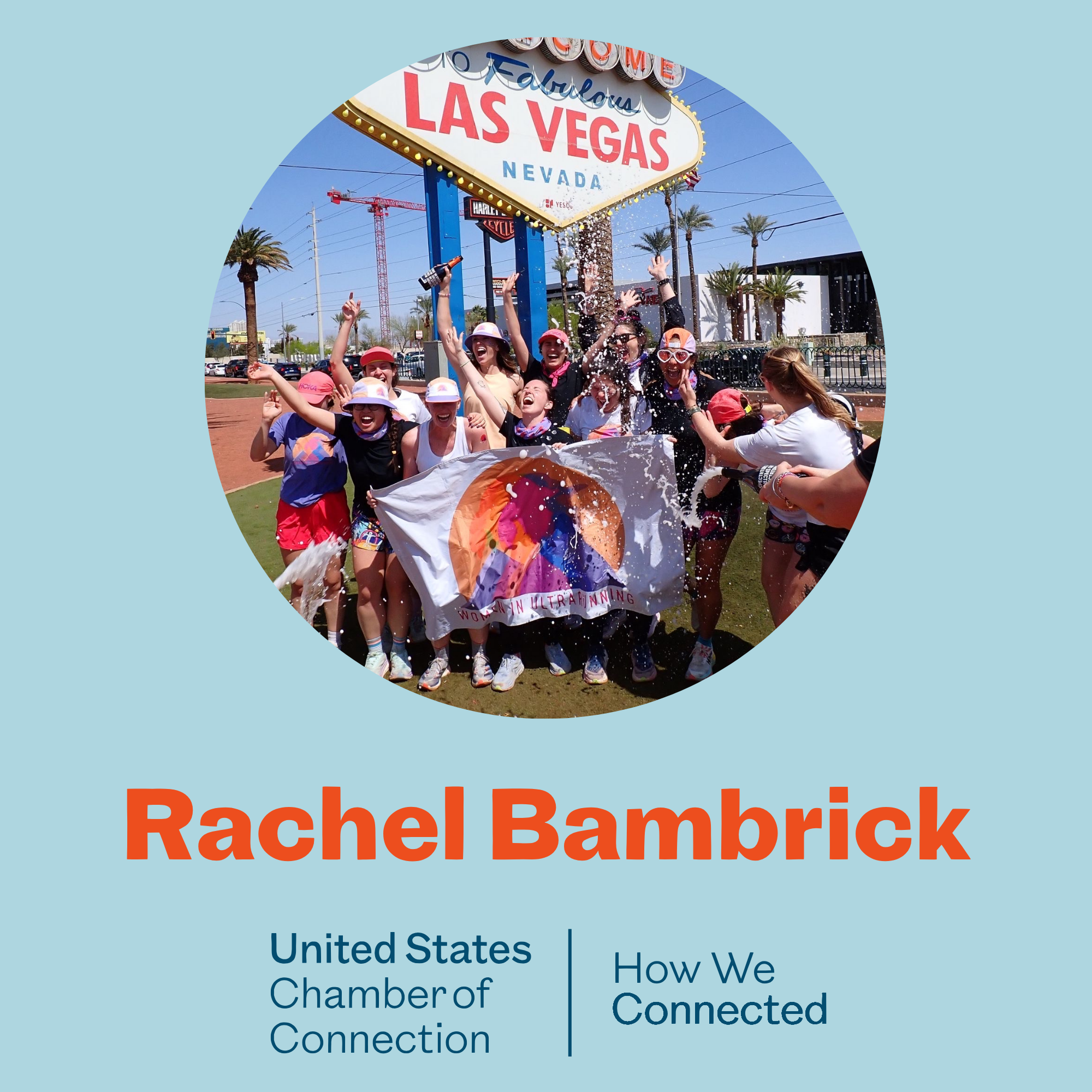 A group of people celebrating at theRachel Bambrick event in Las Vegas, Nevada, with the iconic "Welcome to Fabulous Las Vegas" sign in the background.
