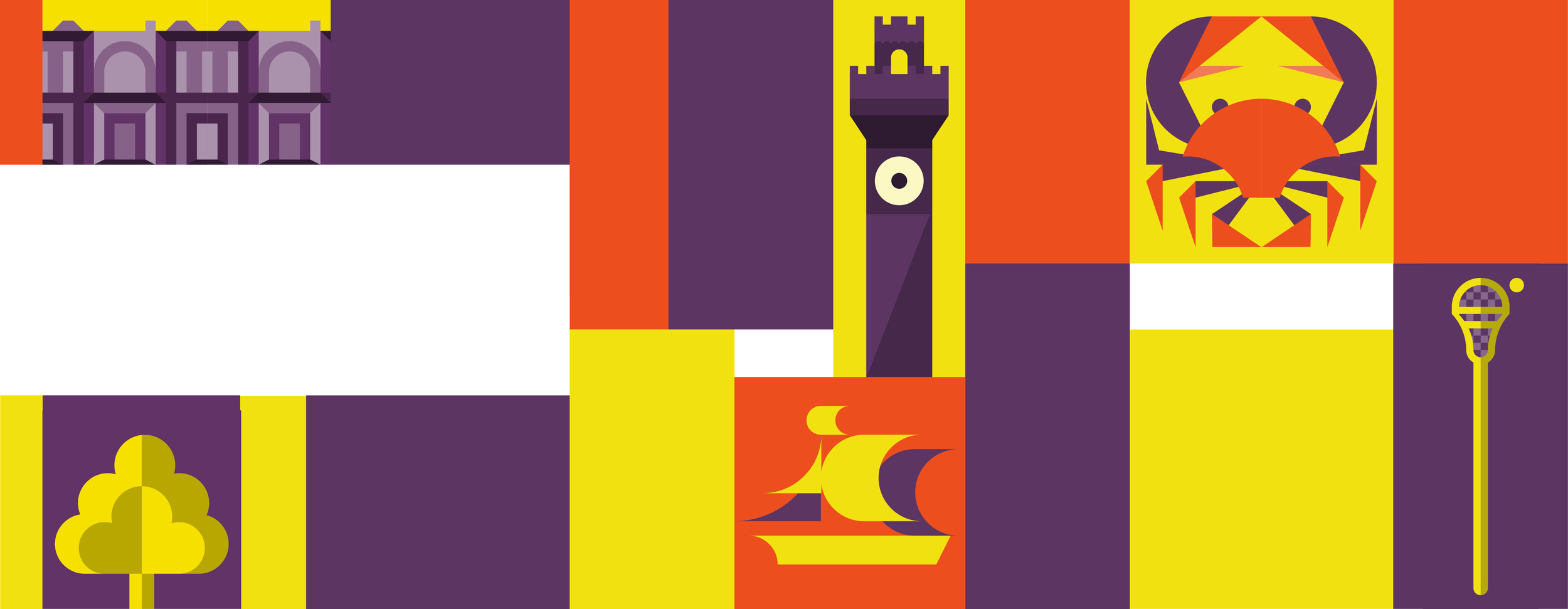 A colorful digital graphic featuring a castle, a tower, a lion illustration, a palm tree, a stylized torch, and abstract shapes in purple, orange, yellow, and white.