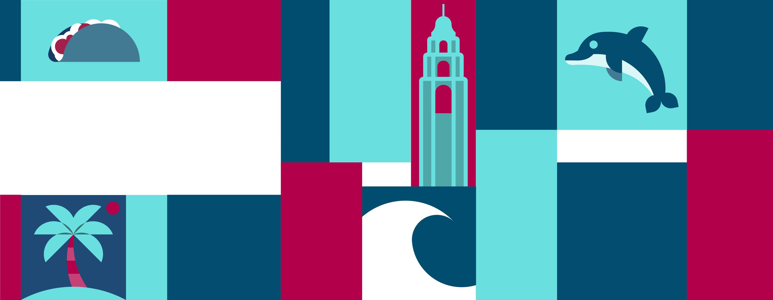 Patterns of cartoon-style icons featuring a taco, a building tower, a dolphin, a palm tree, a mountain, and a crescent moon with stars, arranged in a colorful grid.