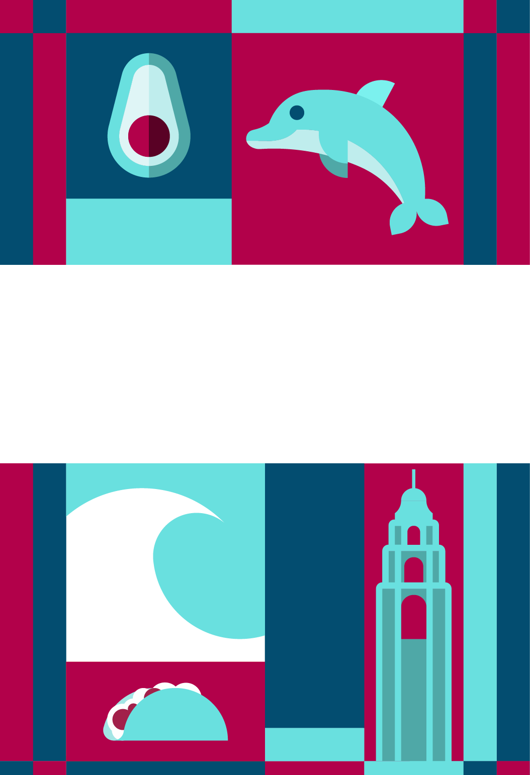 Colorful graphic with a halved avocado, a dolphin, a crescent moon, and a tower.