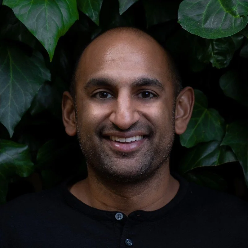 A smiling man with short hair and a beard, wearing a black shirt, lying on a bed of green leaves.