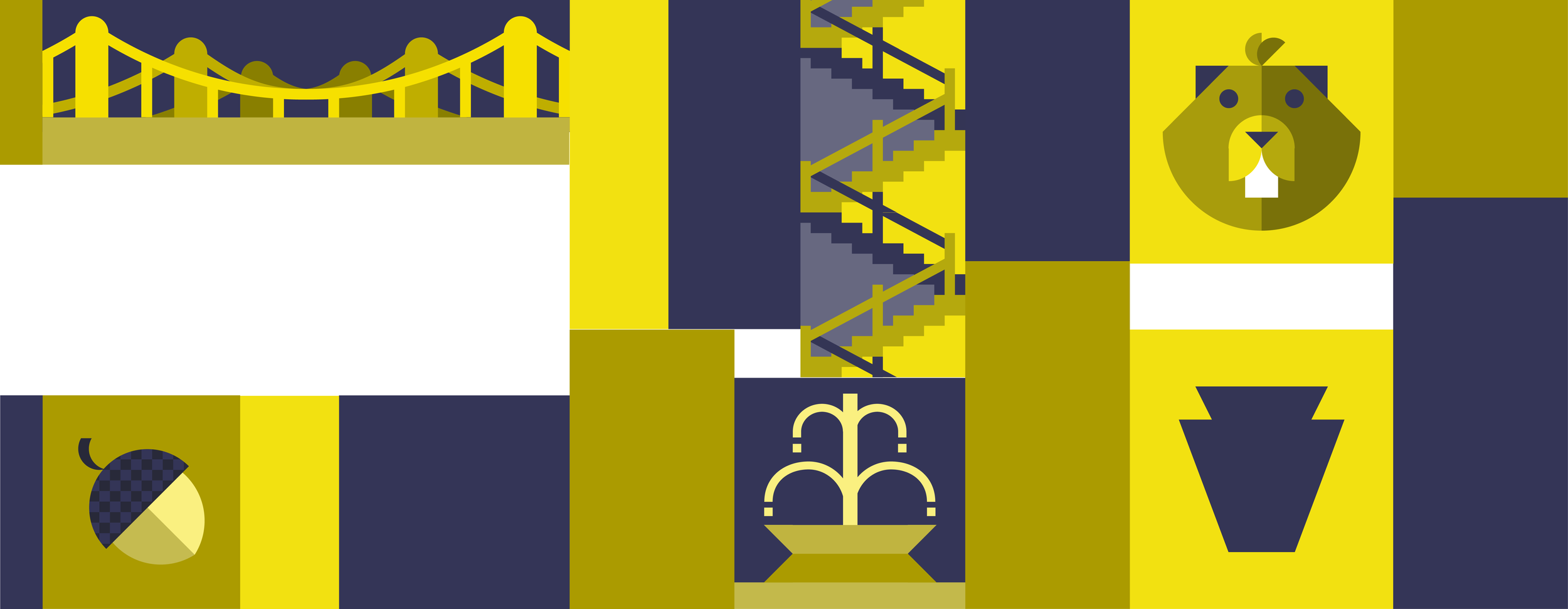 Colorful abstract digital artwork featuring a yellow bridge, staircase, lion's face, watering can, fruit, fountain, and plant pot in a geometric, minimalist style.