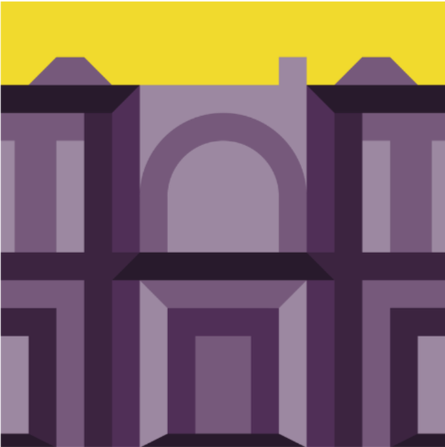 Stylized purple castle with yellow background.