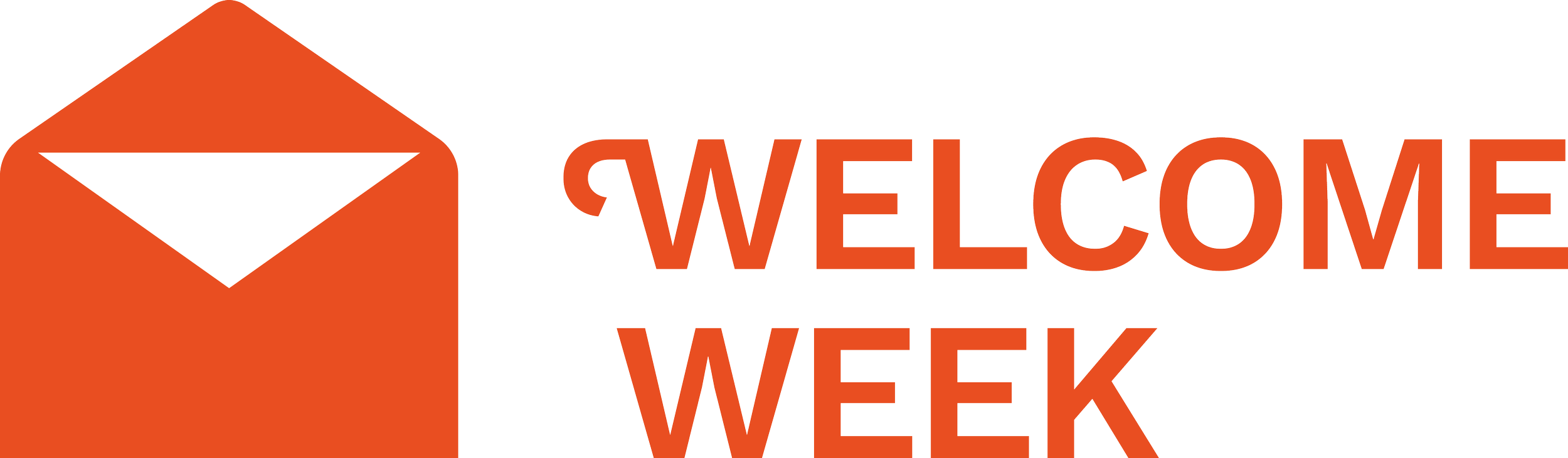 An orange envelope icon with a white interior and downward-pointing triangle, next to the words "Welcome Week" in large orange letters.