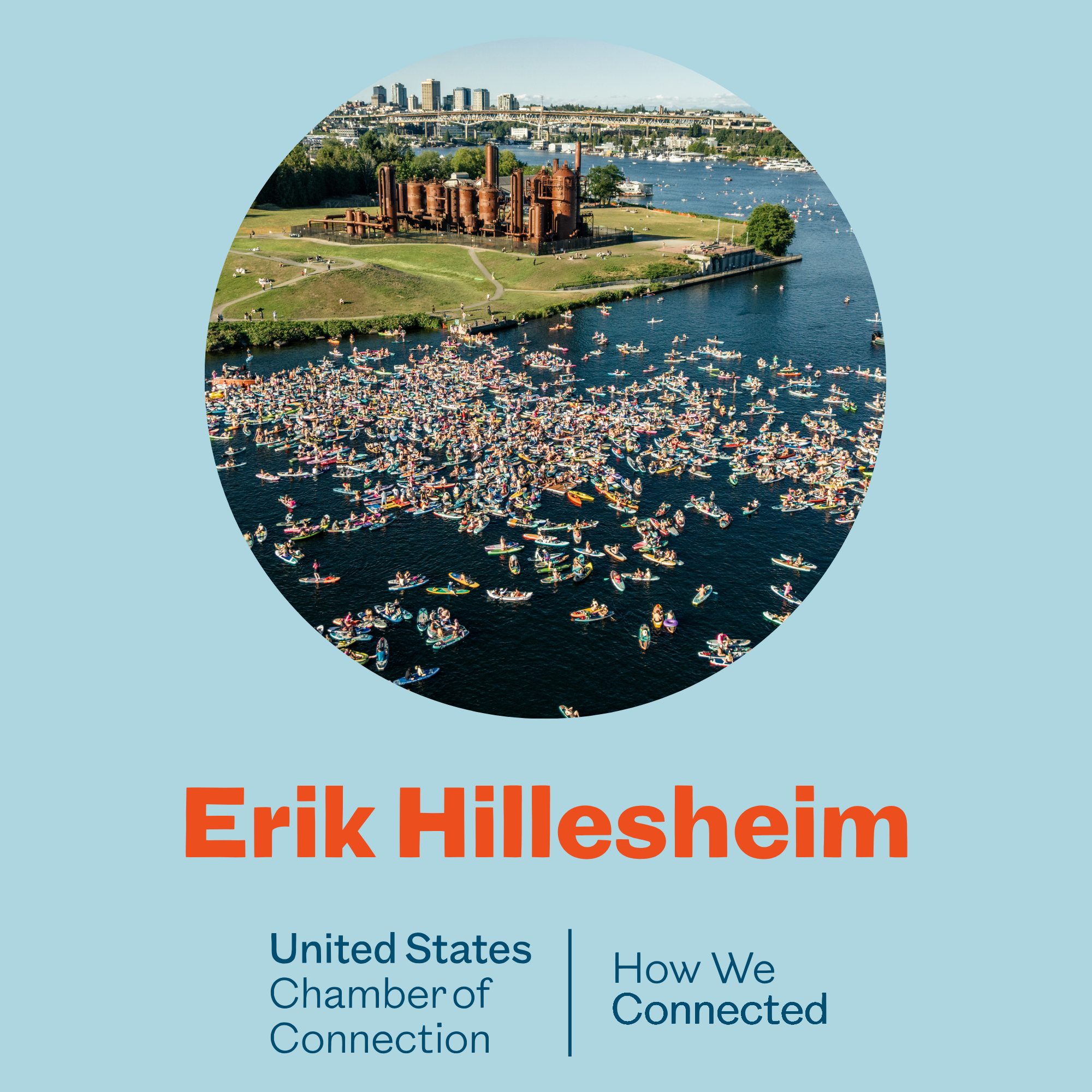 Overview of Erik Hildebrand's professional profile with a background image of a city skyline and a waterfront view of a park with many paddleboarders and a historical industrial site.