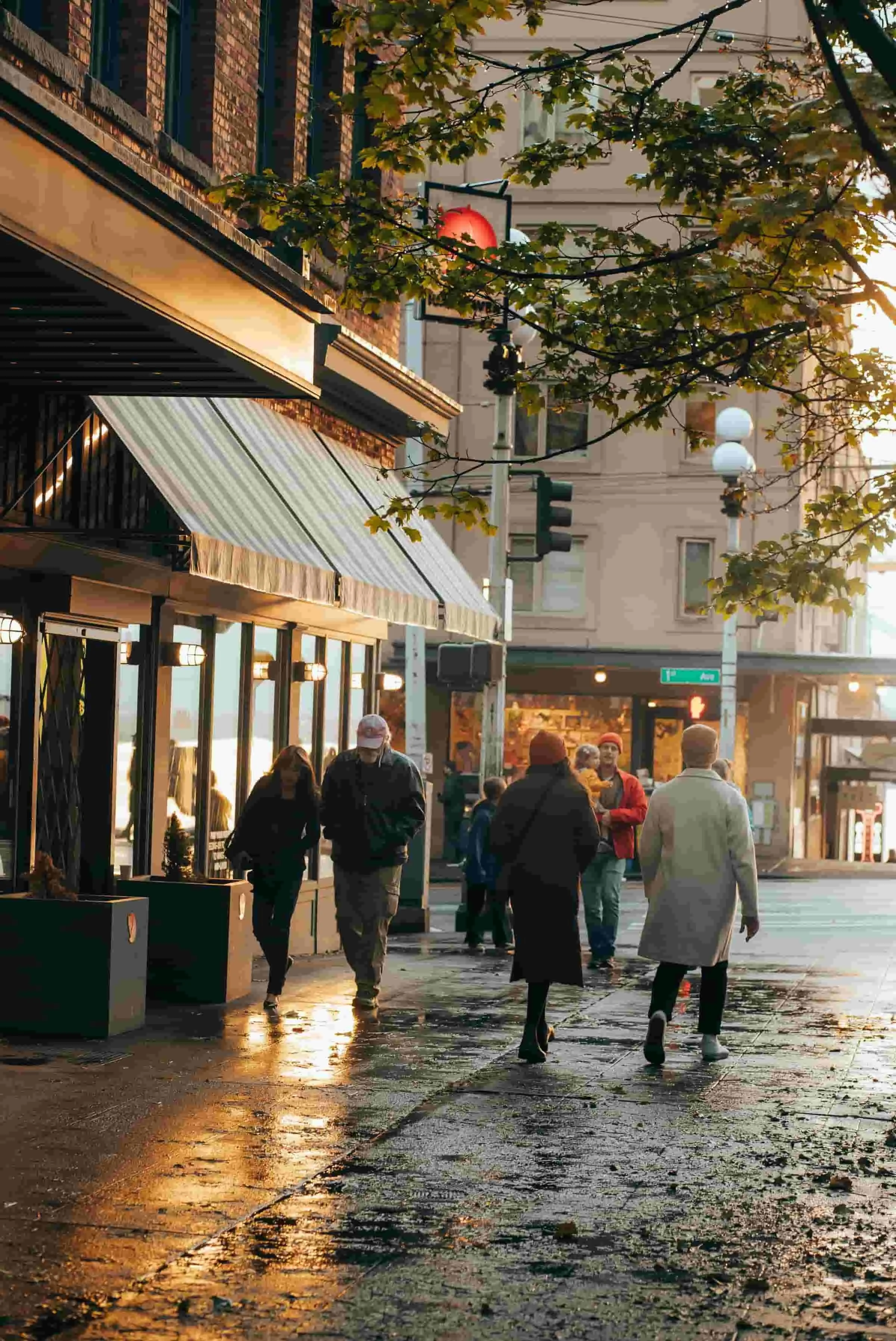 People walking down a seattle street near first avenue