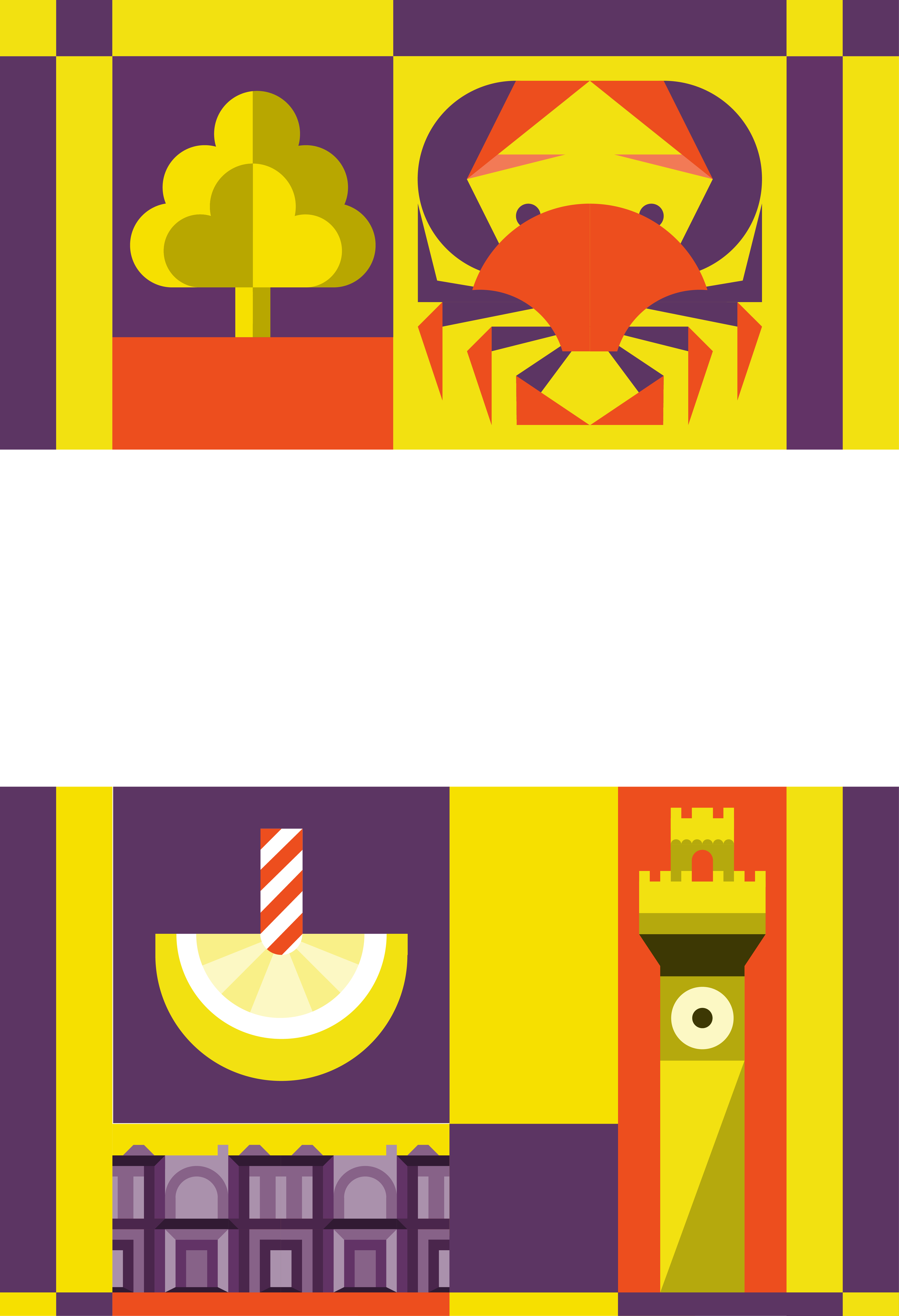 Colorful geometric abstract illustration featuring a tree, a slice of citrus fruit with a straw, a clown face, a castle, and crafting elements on a purple background with yellow borders.