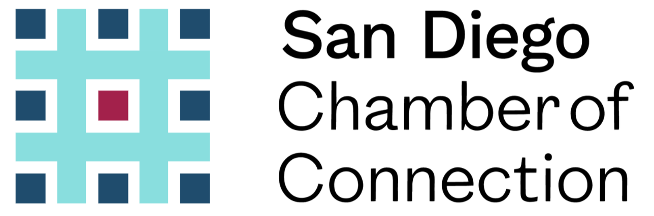 Logo for the San Diego Chamber of Connection featuring a stylized grid with blue and teal squares and a pink square in the center, accompanied by the text 'San Diego Chamber of Connection' in black.