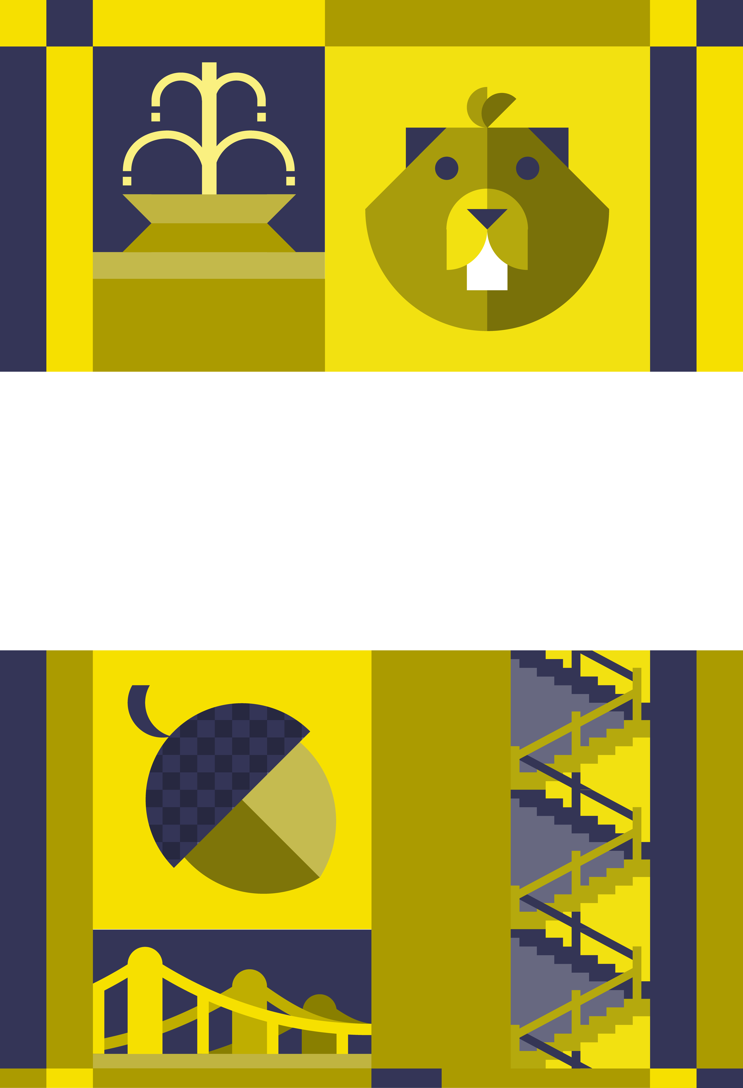 A stylized illustration with abstract shapes and stairs in yellow and dark blue colors.