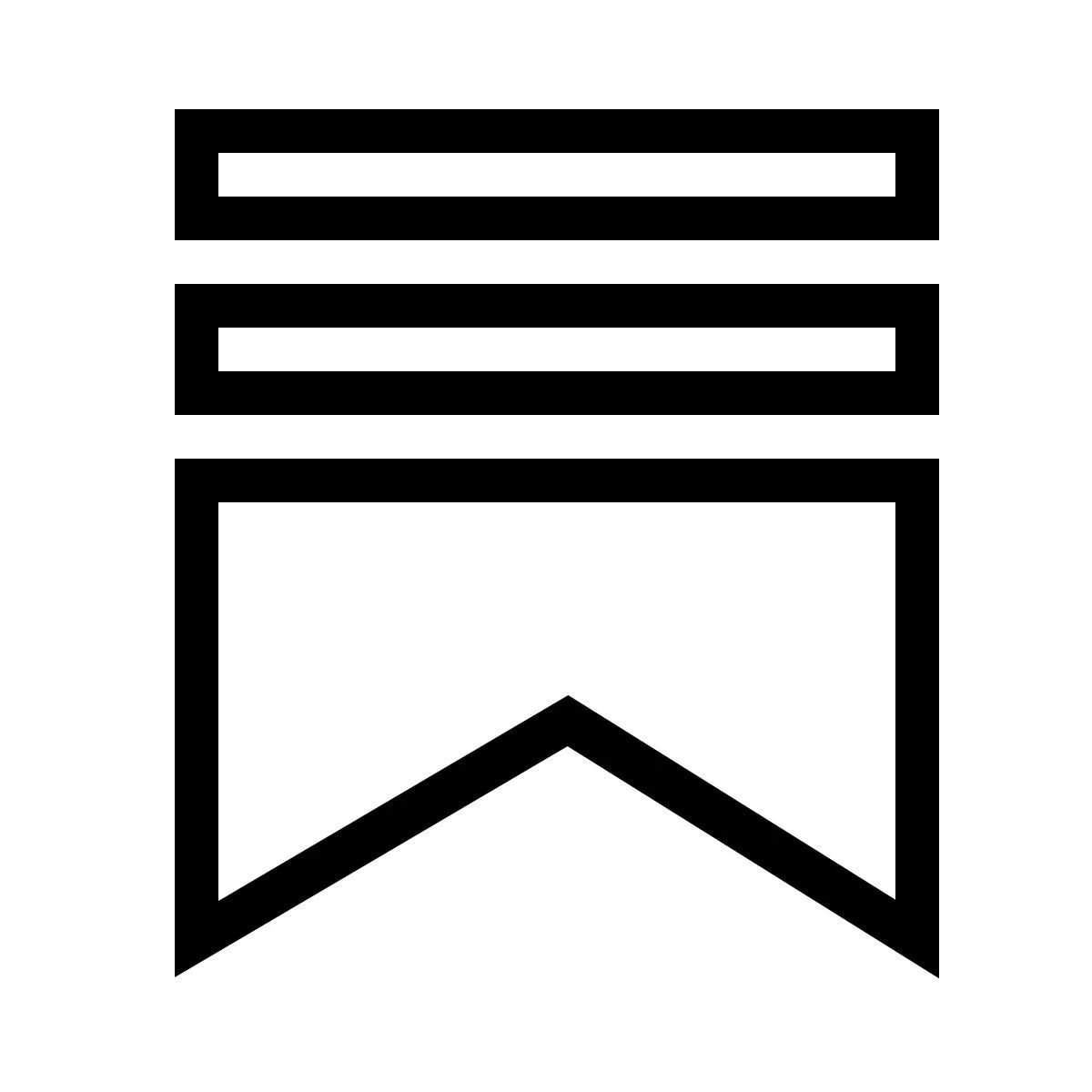 Black and white icon of a banner or ribbon with three horizontal lines above a flag-shaped bottom part.