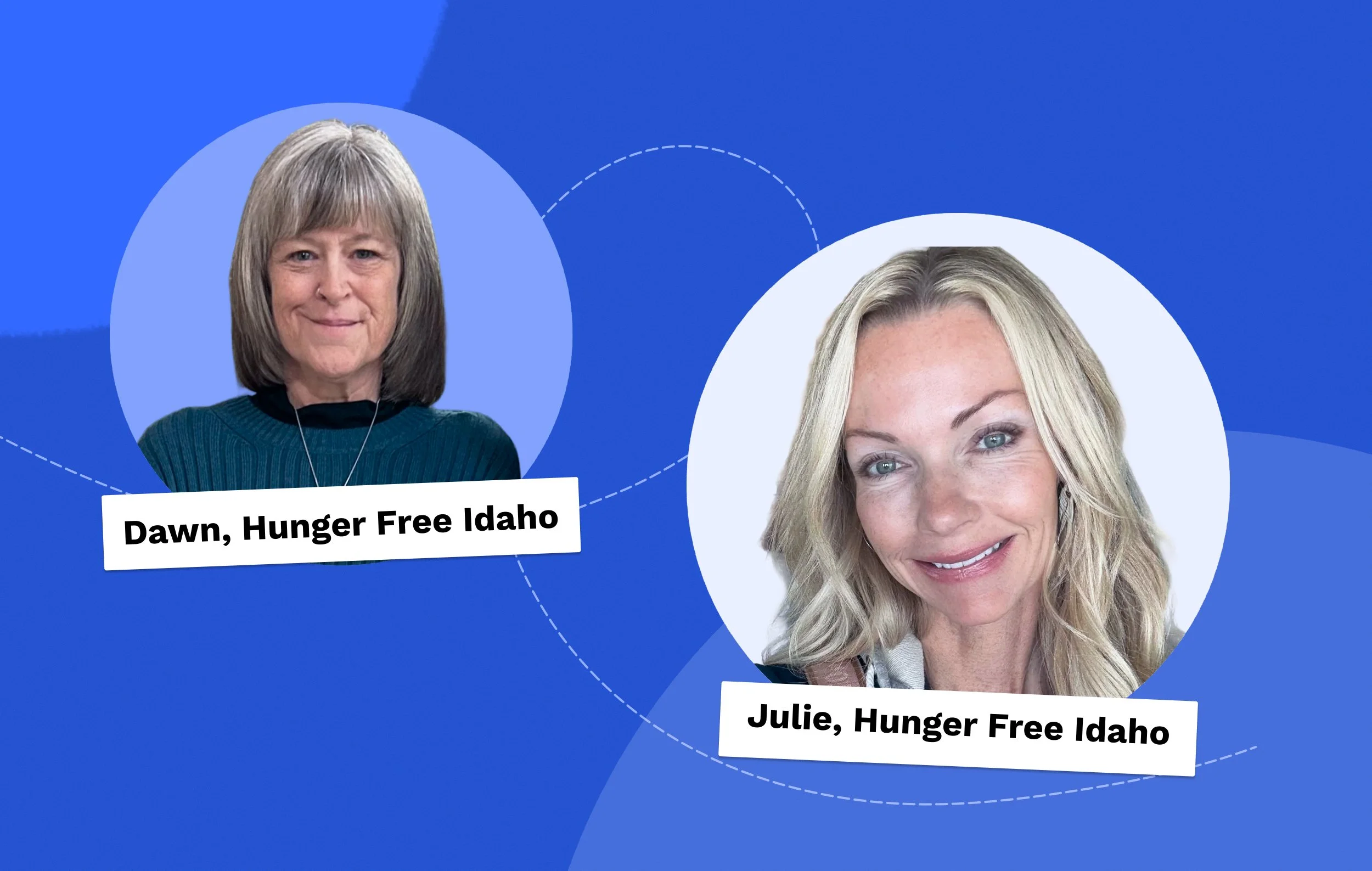 Headshots of Dawn and Julie from Hunger Free Idaho set against a blue background.