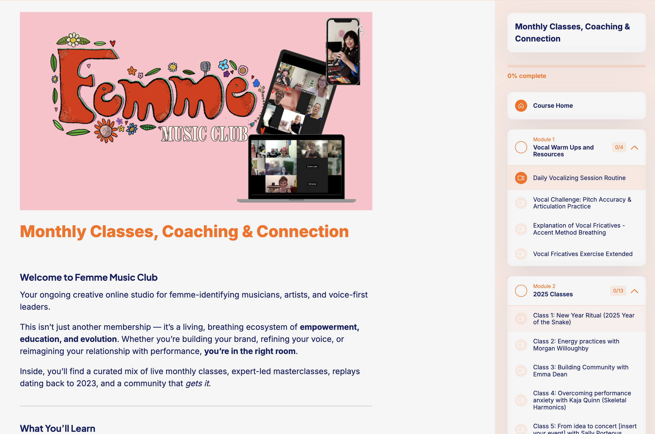 Pink background with text 'Femme Music Club' in colorful graffiti-style font with floral decorations. Multiple screens showing women participating in virtual singing or music classes. Sidebar menu with modules and classes related to vocal training and community building.