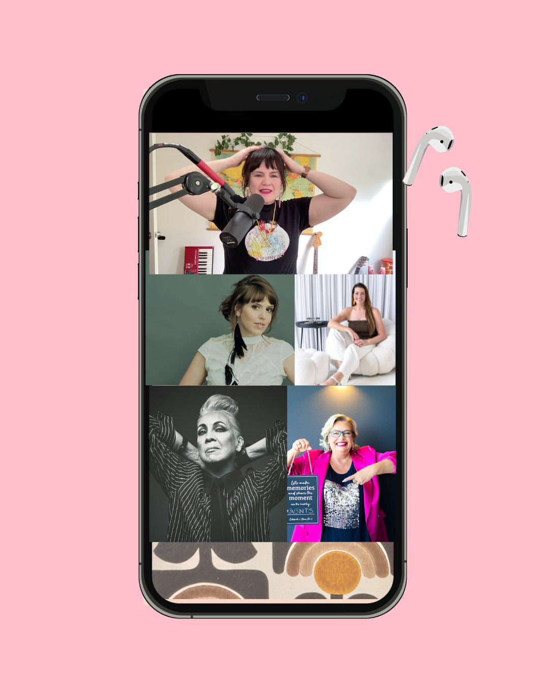 Screenshot of a video call on a smartphone with five women participating, including one in a music studio with a microphone and guitar, others in relaxed home settings, and one in a stylish outfit holding a sign, with AirPods floating nearby.