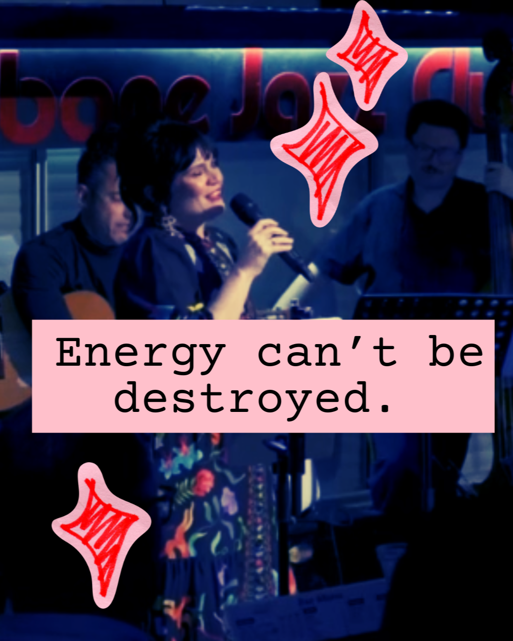 Mel Lathouras singing live at Brisbane Jazz Club with quote ‘Energy can’t be destroyed’ by Yo-Yo Ma, reflecting on grief, music, and creative legacy.