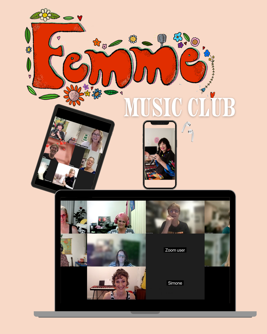 Digital illustration promoting a summer music club, featuring drawings of flowers, leaves, and a microphone, along with screens displaying video calls of women singing and playing musical instruments, on laptops and smartphones against a light pink background.