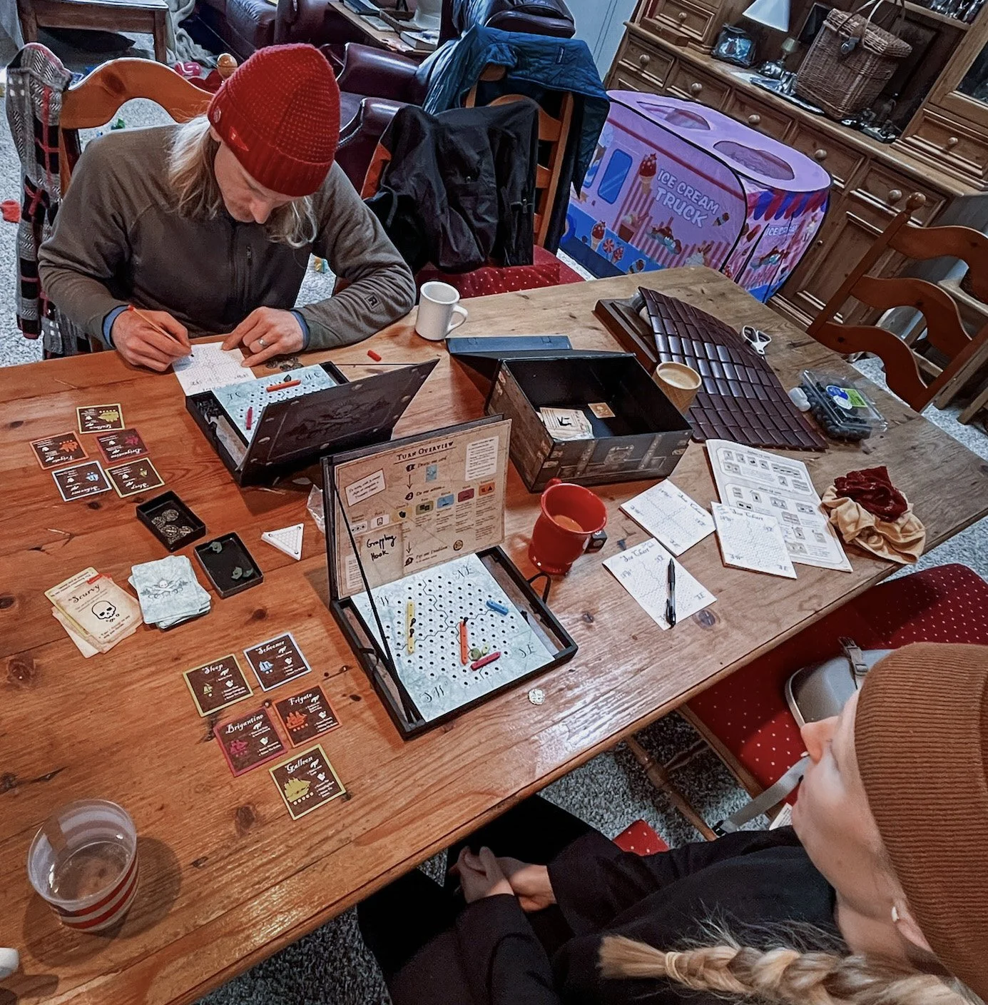 December 2023. Continuing to play-test with friends, gaining valuable feedback and making tweaks to the game. Lucas’ friend Evan had some great ideas for the Voodoo Priestess card which we incorporated!