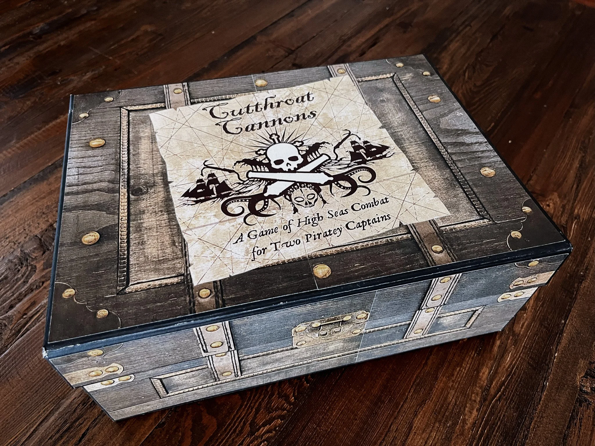 January 2024. The outside of our game box, which we wanted to look like a treasure chest. 