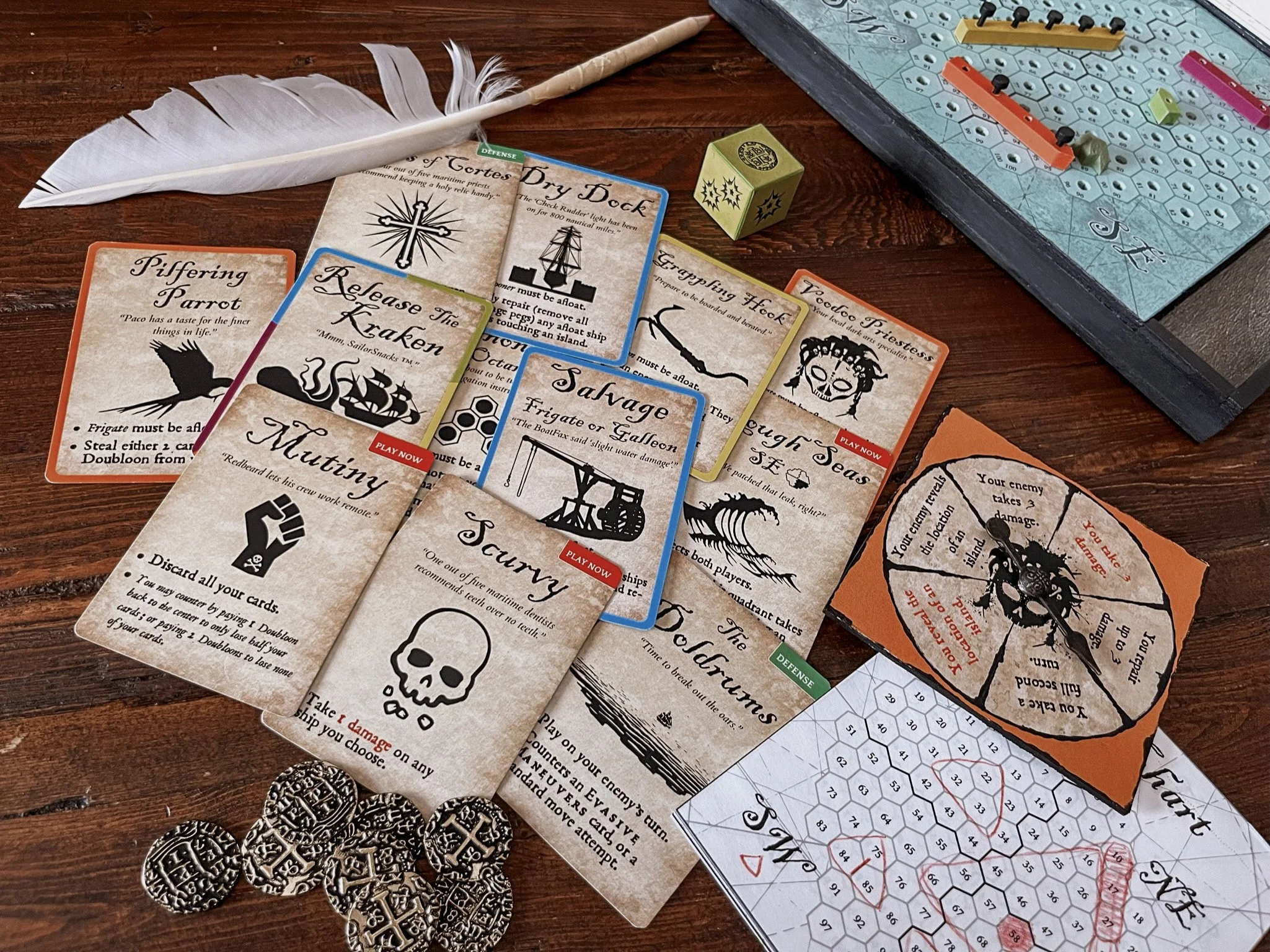 January 2024. Various game components. Over the next several months, Erik created custom artwork to replace the temporary art shown here.