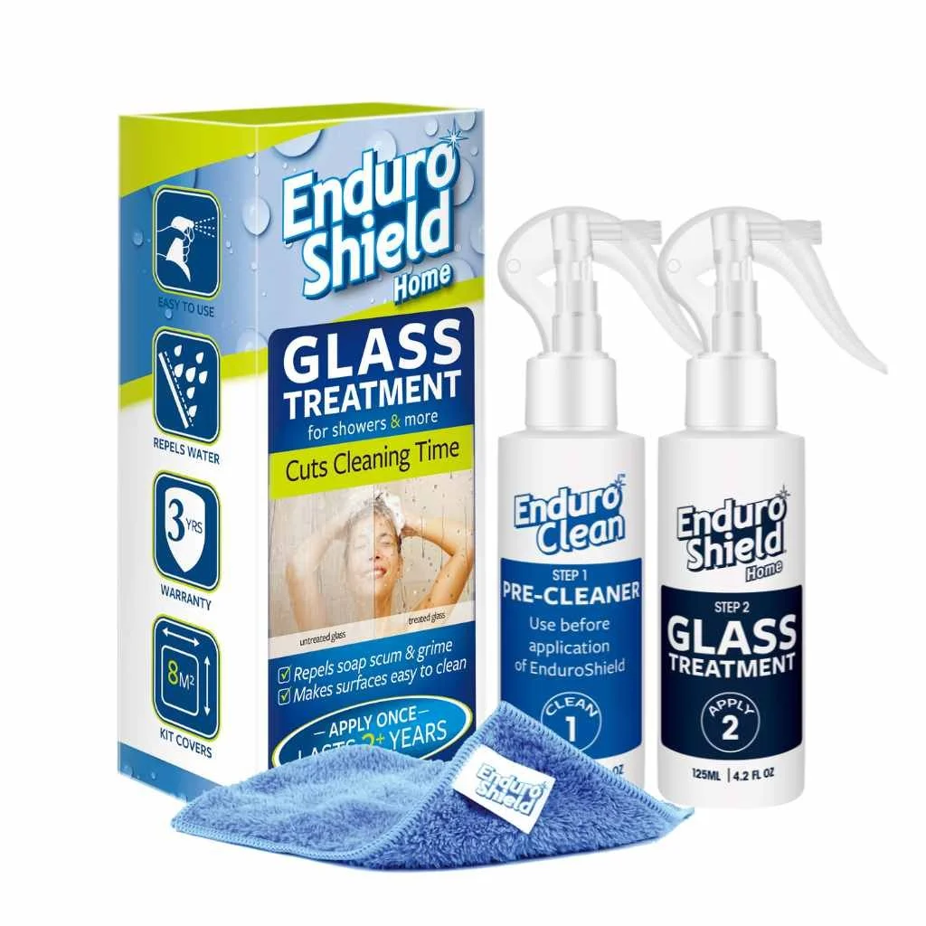 Enduro Shield glass treatment kit with pre-cleaner, glass treatment spray, cleaning cloth, and box packaging.
