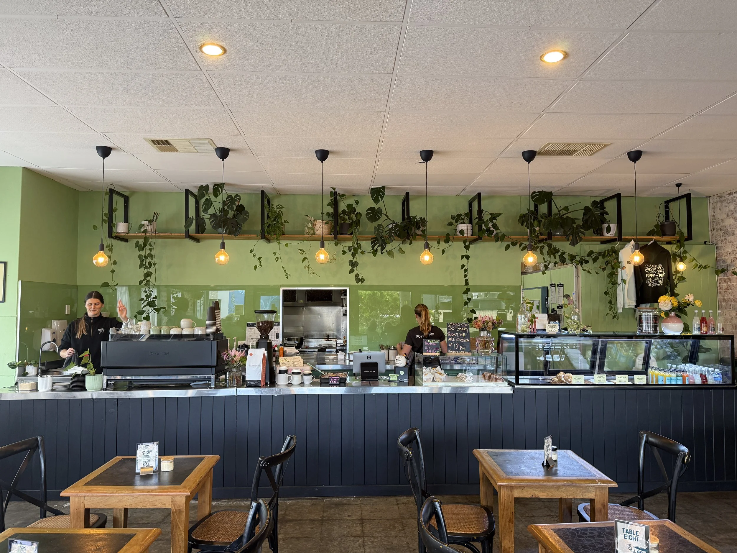 Inside a cafe with a coffee counter, hanging pendant lights, and plants along a green wall. There are wooden tables and chairs, and two employees working behind the counter.