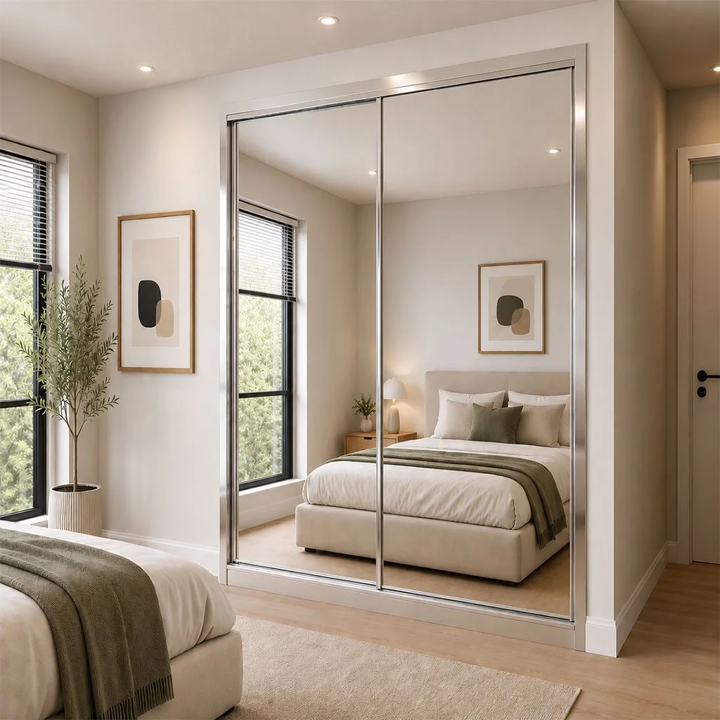 A bedroom with a bed, nightstand, lamp, framed artwork, a potted plant, and a mirrored closet door.