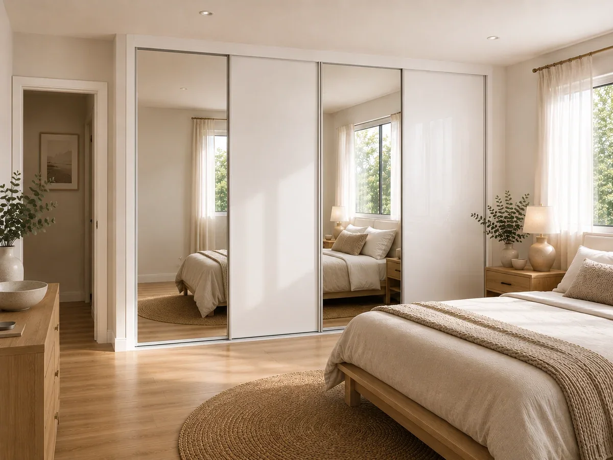 A bedroom with two beds, wooden furniture, potted plants, and mirrored closets, illuminated by natural light through large windows with light curtains.