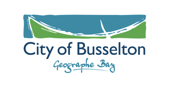 Logo of the City of Busselton, featuring a stylized green and blue boat with the text 'City of Busselton Geographe Bay'.