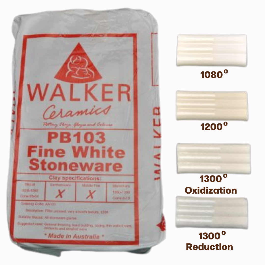 packaging of clay with four test tiles showing the colour development as the firing temperature increases. The clay is a creamy white at low temperatures and a cool white at cone 10.