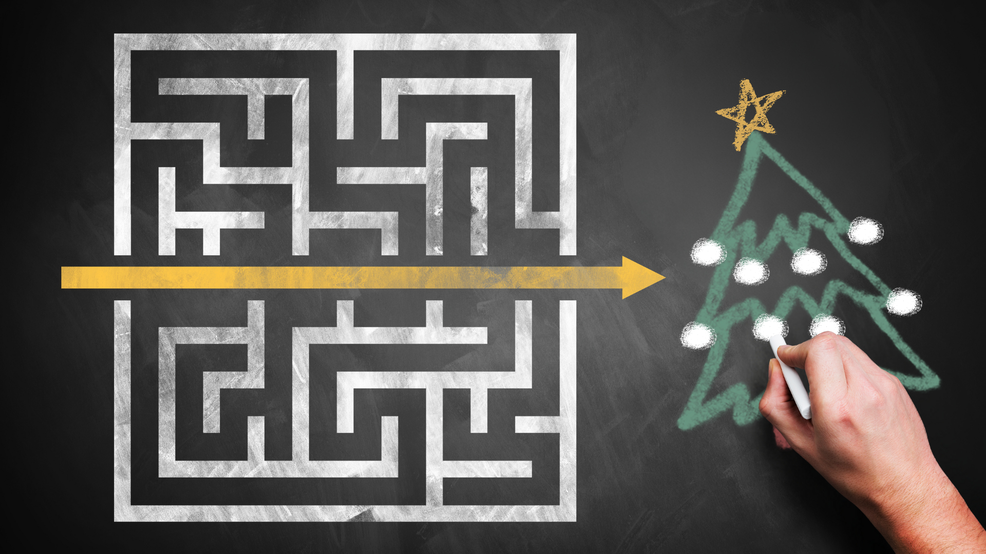 Conceptual Christmas Music Copyright visualization featuring a white maze with golden arrow leading to festive tree sketch