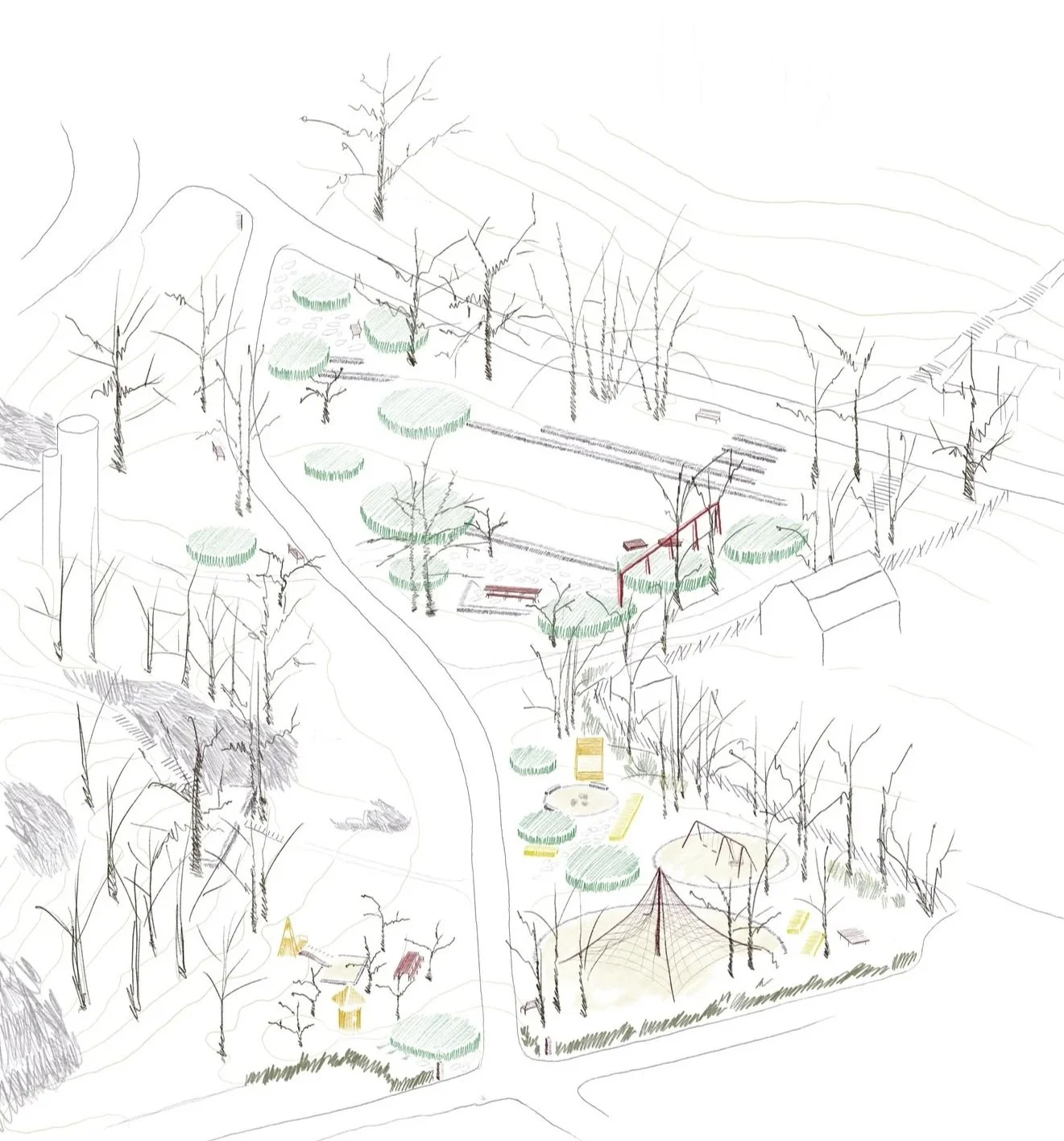 Ektorpsparken / ombyggnad park / axonometri / parkupprustning / ateljé trakt