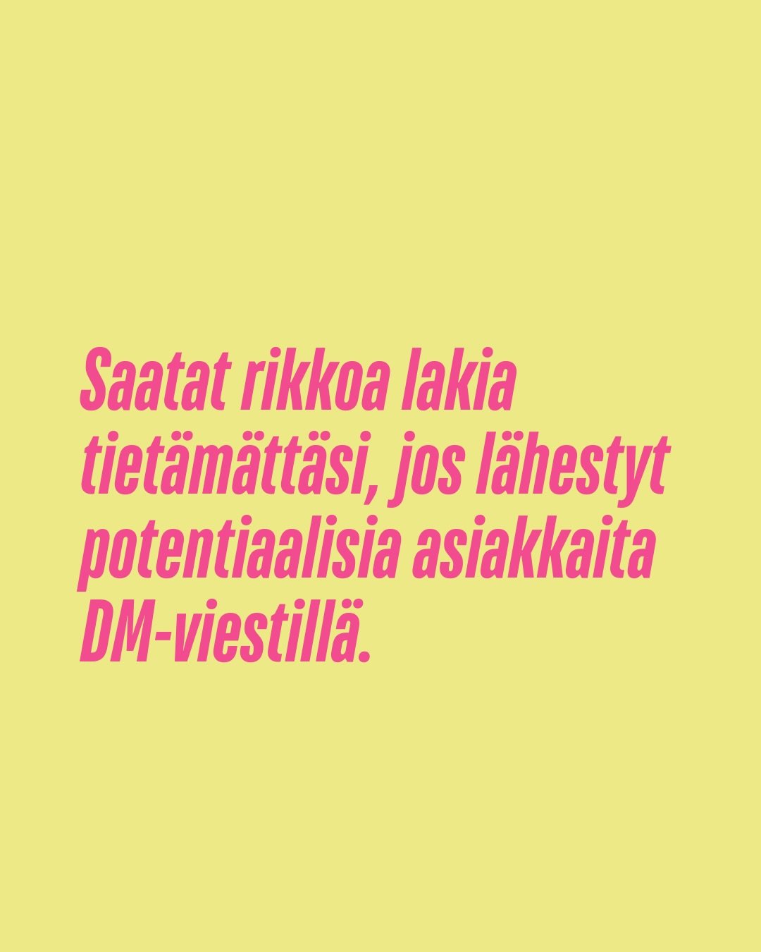 S&auml; et saa somessakaan tehd&auml; ihan mit&auml; huvittaa. Tied&auml;n, ett&auml; tosi monessa myynti- ja markkinointivalmennuksessa opetetaan l&auml;hestym&auml;&auml;n ihmisi&auml; yksityisviestill&auml;. 

Sit&auml;kin kuitenkin koskee LAKI. ?