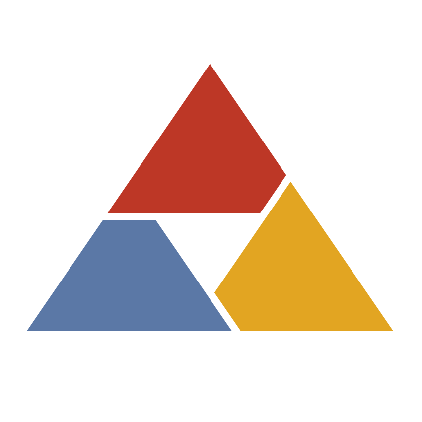 A triangular graphic composed of three smaller triangles in red, blue, and yellow, arranged to form a larger triangle with a white space in the center.