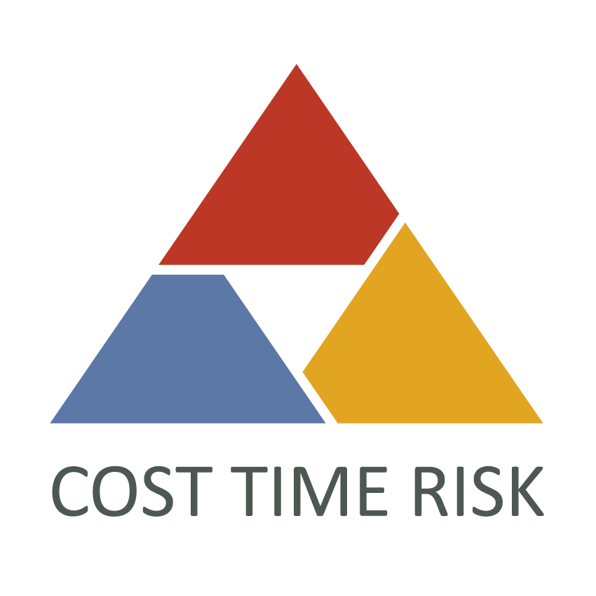 Graphic with three overlapping triangles in red, blue, and yellow, above the text 'COST TIME RISK'.