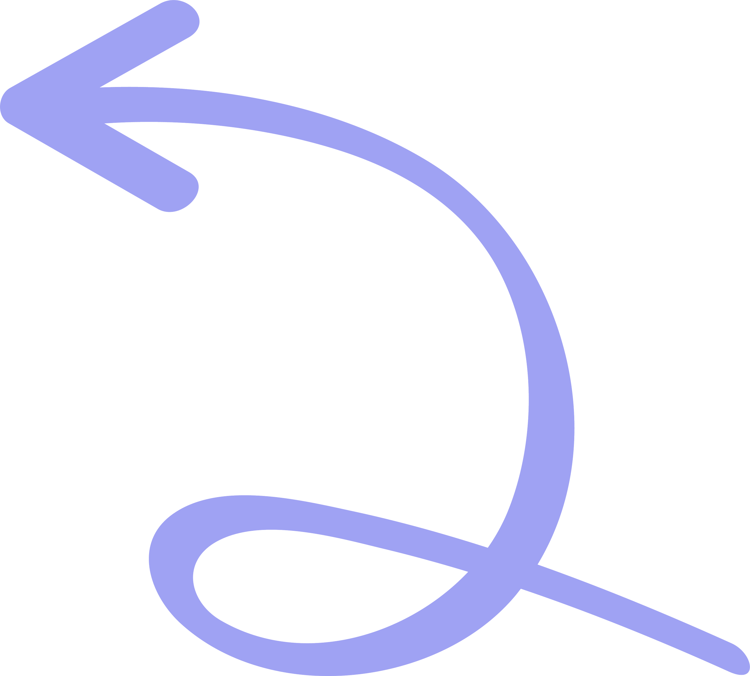 Large lavender arrow pointing left with a curved tail on a black background.